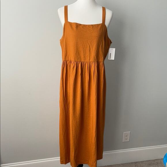 Sonoma Brassy Gold Linen Midi Smocked Dress Pockets Women's XL NWT New - Picture 1 of 9